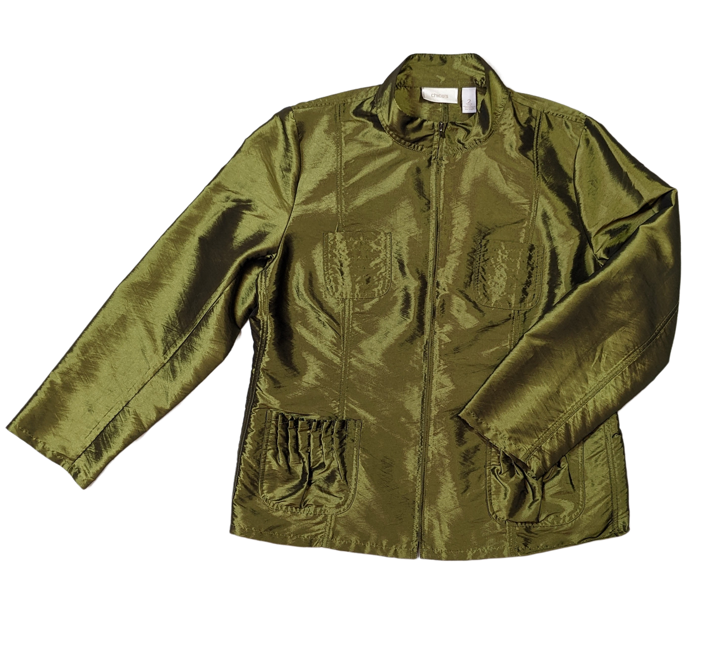 Chico's Gorgeous Green Jacket   Experience effortless elegance with Chico's Gorgeous Green Jacket. Made with shimmery, light-weight fabric, this jacket adds a touch