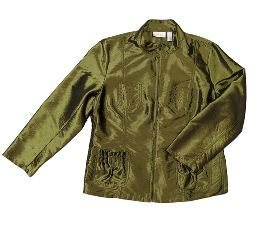 Chico's Gorgeous Green Jacket   Experience effortless elegance with Chico's Gorgeous Green Jacket. Made with shimmery, light-weight fabric, this jacket adds a touch
