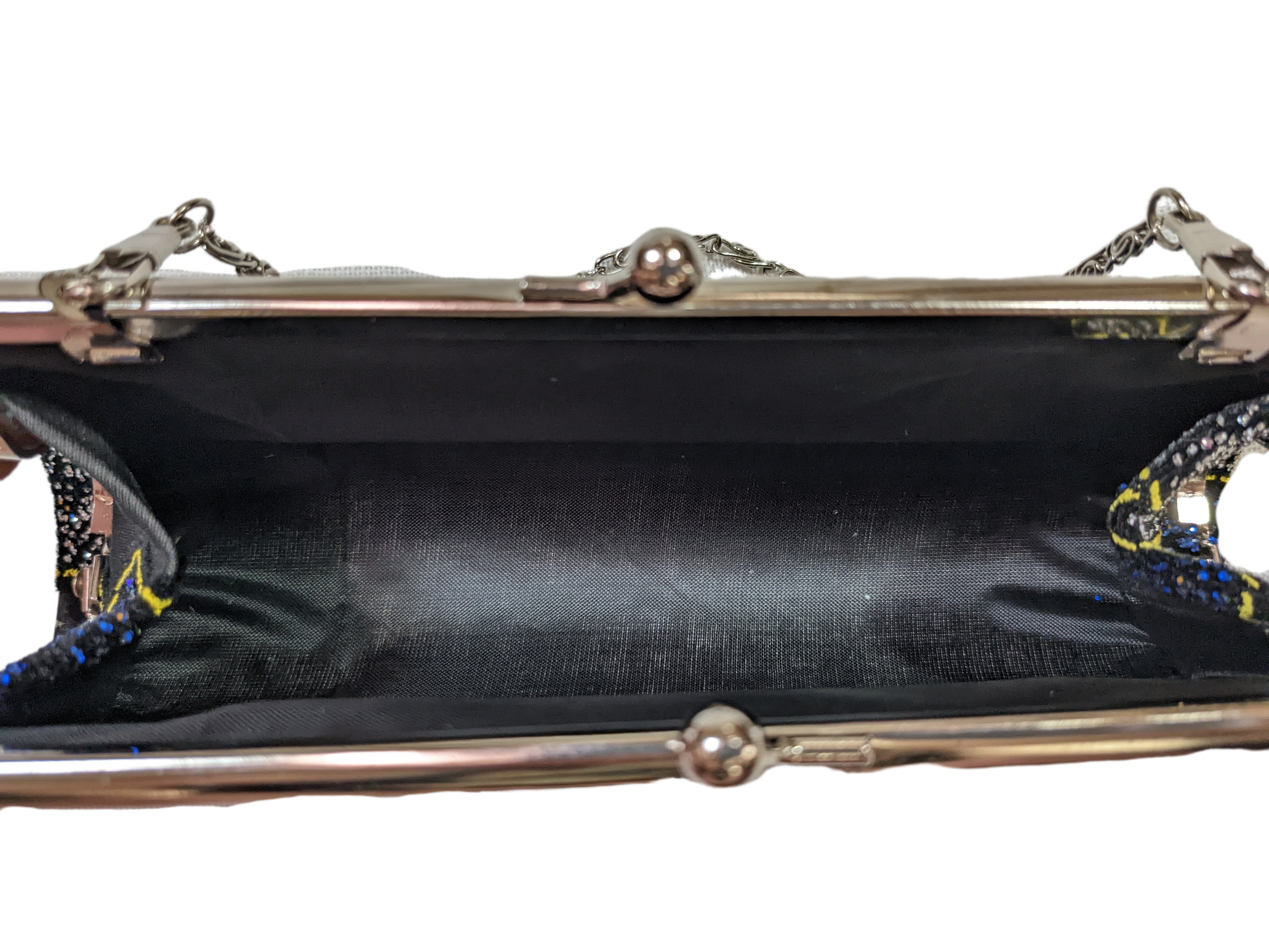 Black Sparkly Evening Bag with Chain Handle - unmarked  Black evening bag with blue and silver glittery flowers, a gold outline and chain handle.  Just the right siz