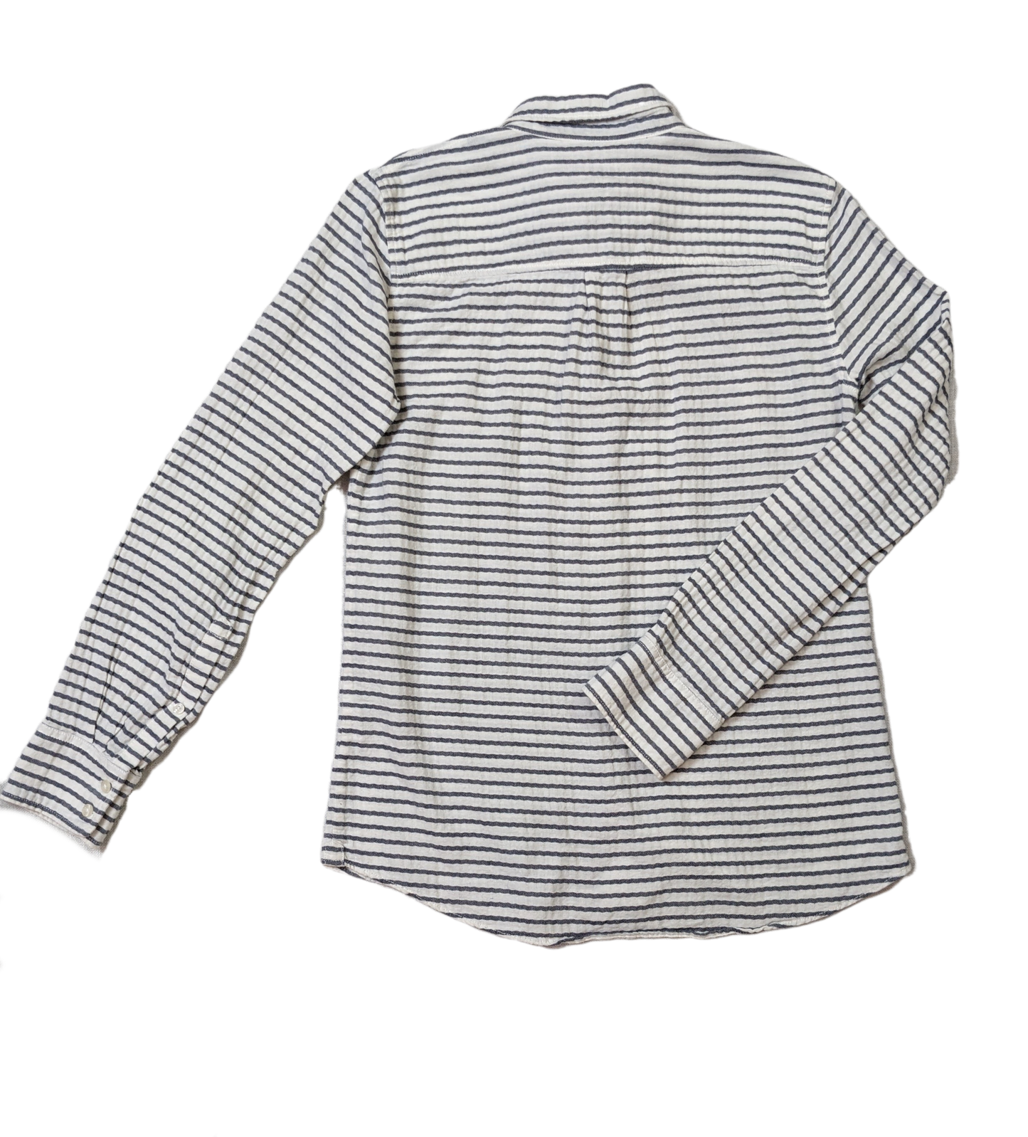 J Crew Blue & White Horizontal Striped Shirt Size XS  Add a touch of classic charm to your wardrobe with this J Crew button-up shirt. The horizontal navy stripes on
