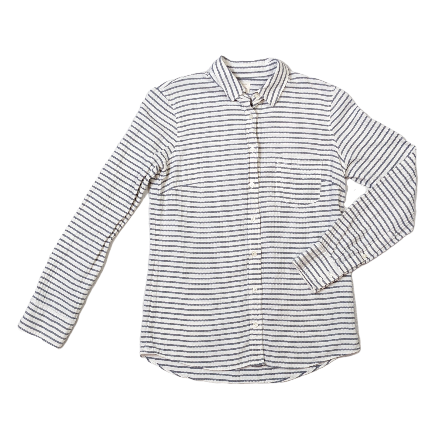 J Crew Blue & White Horizontal Striped Shirt Size XS  Add a touch of classic charm to your wardrobe with this J Crew button-up shirt. The horizontal navy stripes on