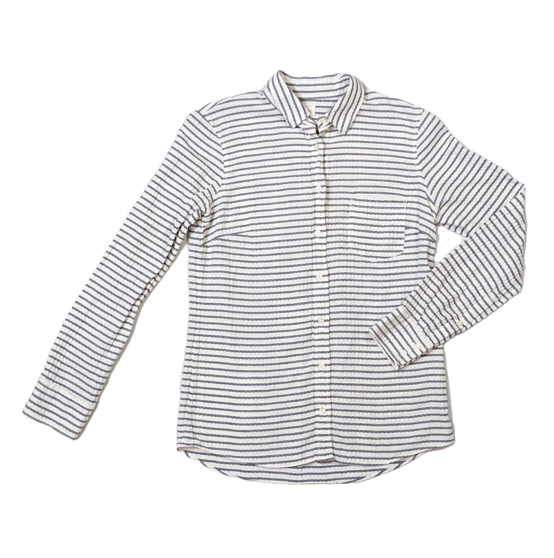 J Crew Blue & White Horizontal Striped Shirt Size XS  Add a touch of classic charm to your wardrobe with this J Crew button-up shirt. The horizontal navy stripes on