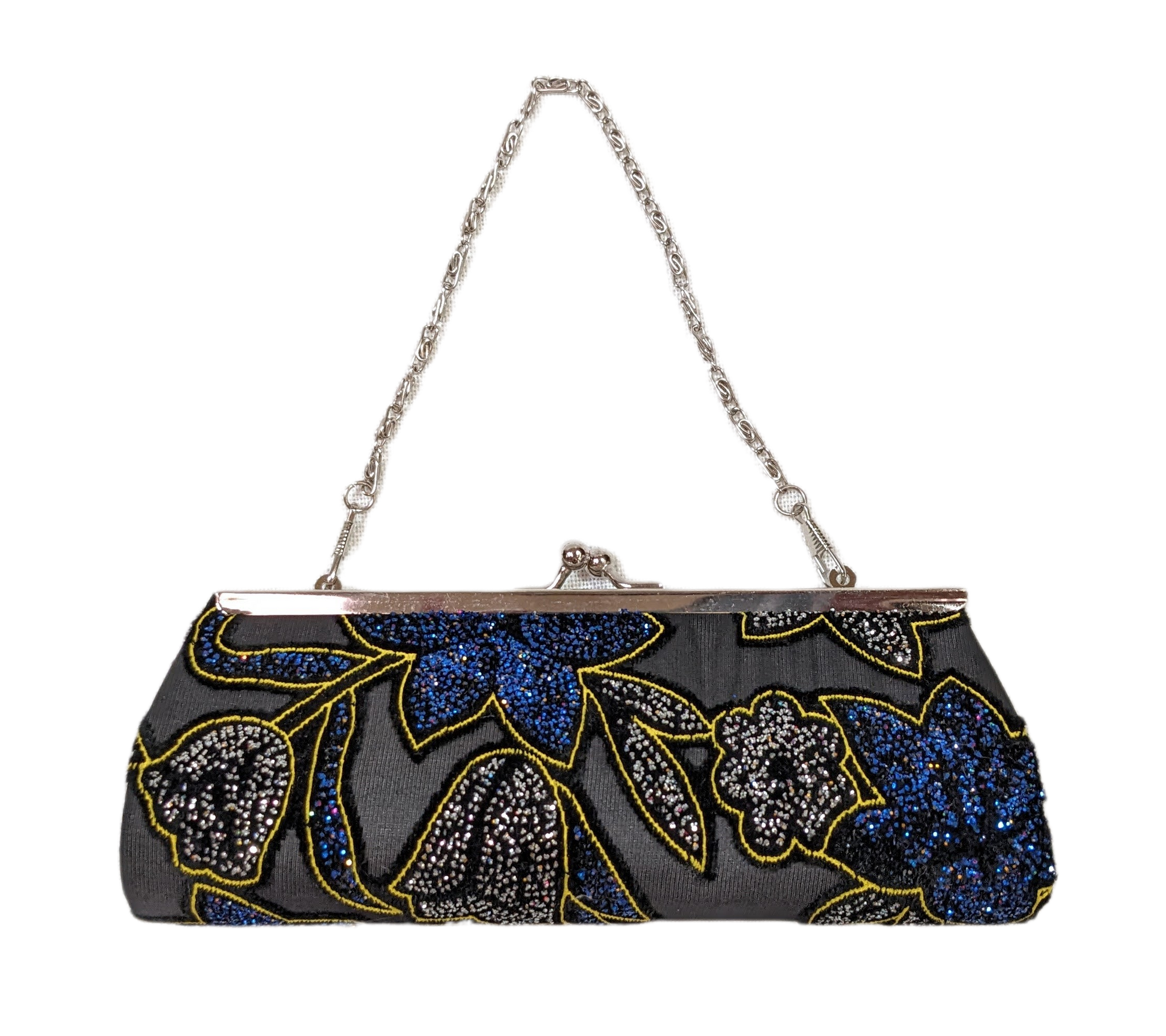 Black Sparkly Evening Bag with Chain Handle - unmarked  Black evening bag with blue and silver glittery flowers, a gold outline and chain handle.  Just the right siz