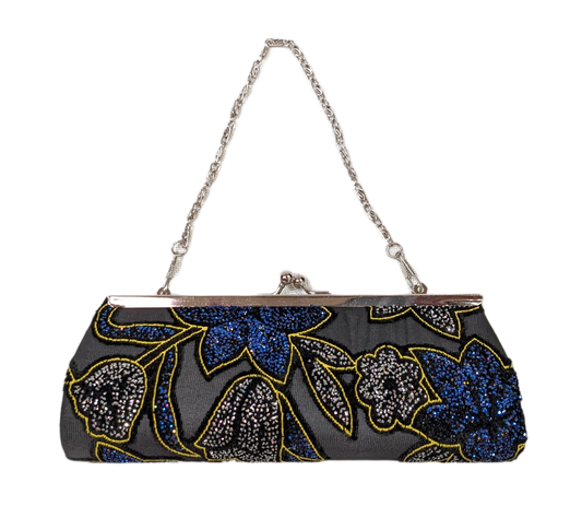 Black Sparkly Evening Bag with Chain Handle - unmarked  Black evening bag with blue and silver glittery flowers, a gold outline and chain handle.  Just the right siz