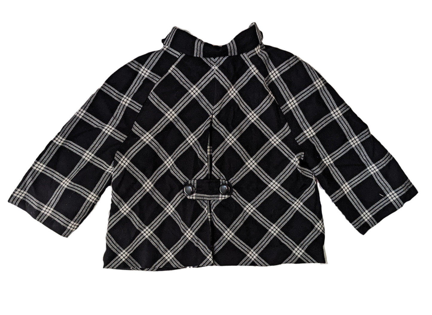 Geoffrey Beene Sport Black Plaid Cropped Jacket You can't miss with a great crop jacket, and this one fits the bill.  Great styling with a sideways plaid and a back pleats.  Wear this with your favorite jeans or aGeoffrey Beene Sport Black Plaid Cropped JacketCoats & Jackets