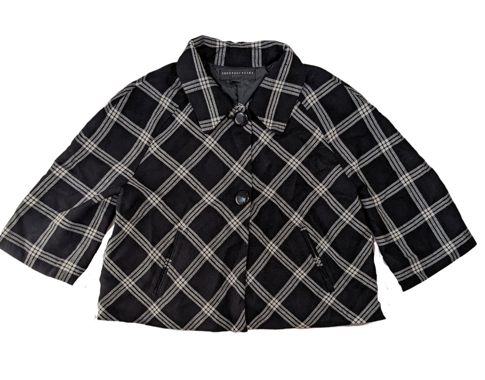 Geoffrey Beene Sport Black Plaid Cropped Jacket You can't miss with a great crop jacket, and this one fits the bill.  Great styling with a sideways plaid and a back pleats.  Wear this with your favorite jeans or aGeoffrey Beene Sport Black Plaid Cropped JacketCoats & Jackets