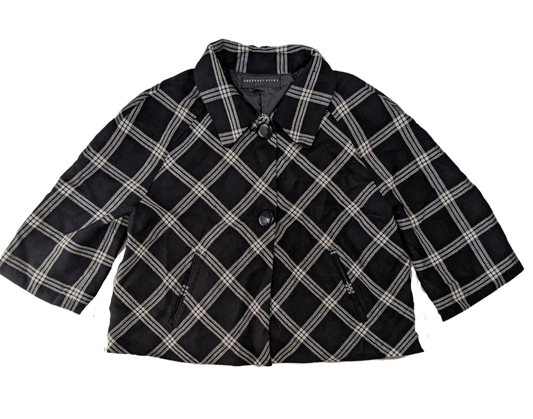 Geoffrey Beene Sport Black Plaid Cropped Jacket You can't miss with a great crop jacket, and this one fits the bill.  Great styling with a sideways plaid and a back pleats.  Wear this with your favorite jeans or aGeoffrey Beene Sport Black Plaid Cropped JacketCoats & Jackets
