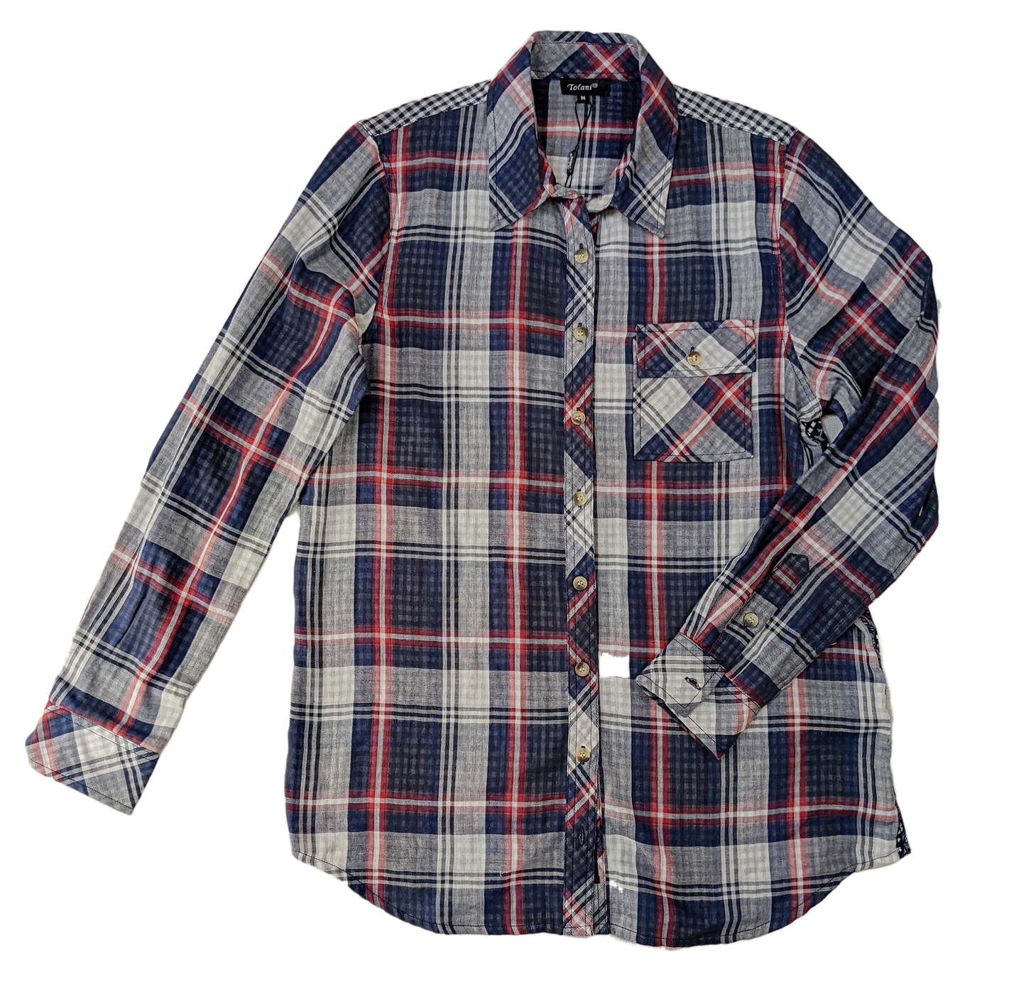 Tolani Navy and Red Plaid Shirt - NWT  Get ready for the perfect mix of edgy and boho with Tolani's navy and red plaid shirt. Featuring a stylish button-up front and