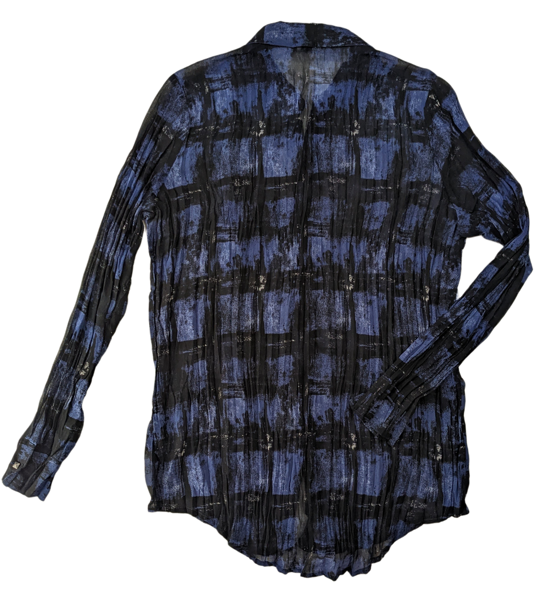 Rock & Republic Crinkle Sheer Blue and Black Button up Blouse  Add a touch of rock and roll to your style with this Rock & Republic Crinkle Sheer Blue and Black Button