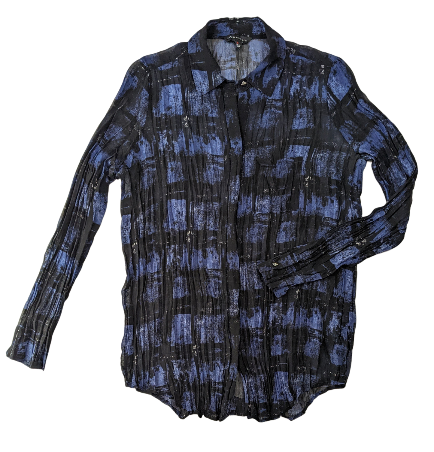 Rock & Republic Crinkle Sheer Blue and Black Button up Blouse  Add a touch of rock and roll to your style with this Rock & Republic Crinkle Sheer Blue and Black Button