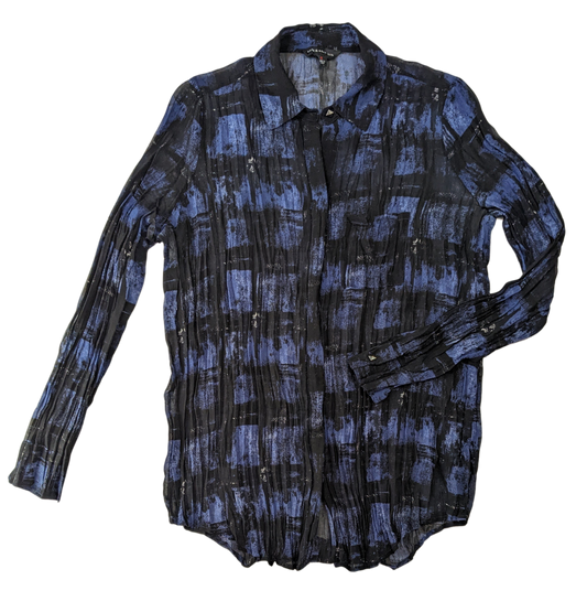 Rock & Republic Crinkle Sheer Blue and Black Button up Blouse  Add a touch of rock and roll to your style with this Rock & Republic Crinkle Sheer Blue and Black Button