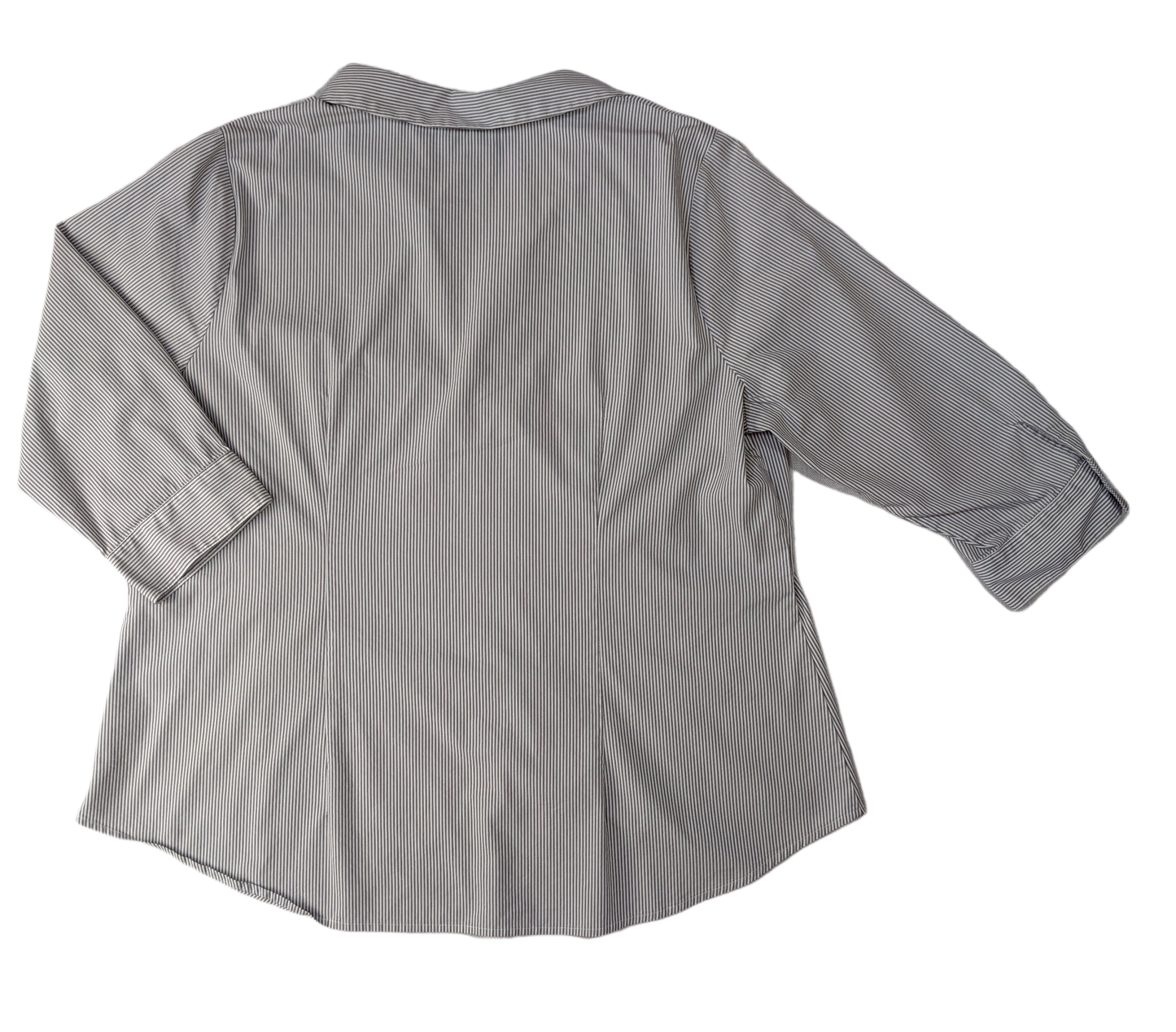 Worthington Button Up White Blouse with Navy Pinstripe Size 1X  Elevate your style with the Worthington Button Up White Blouse. Made with 4% spandex for a comfortable