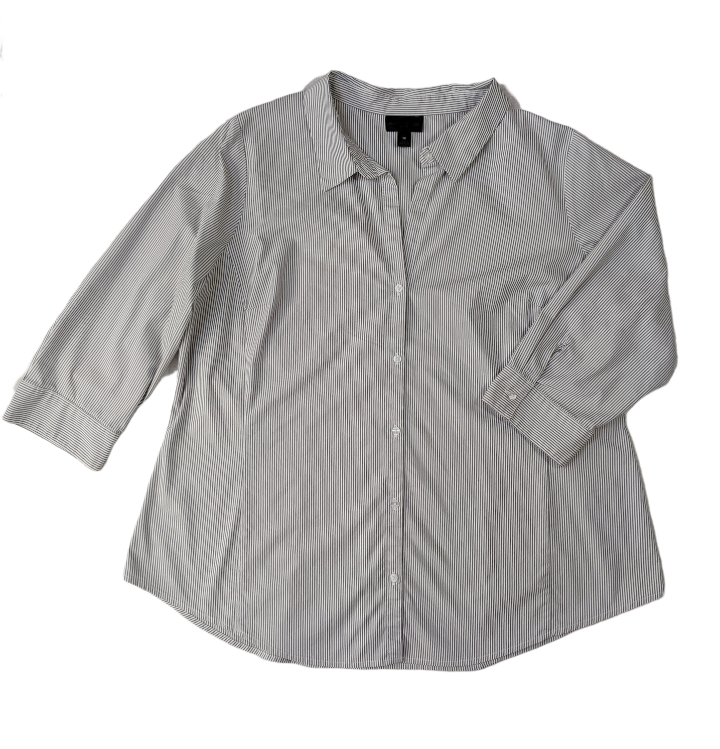 Worthington Button Up White Blouse with Navy Pinstripe Size 1X  Elevate your style with the Worthington Button Up White Blouse. Made with 4% spandex for a comfortable