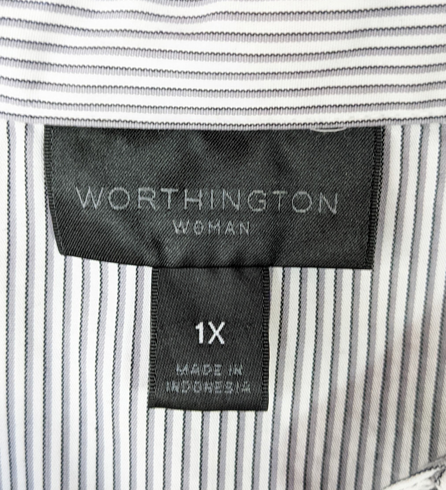 Worthington Button Up White Blouse with Navy Pinstripe Size 1X  Elevate your style with the Worthington Button Up White Blouse. Made with 4% spandex for a comfortable