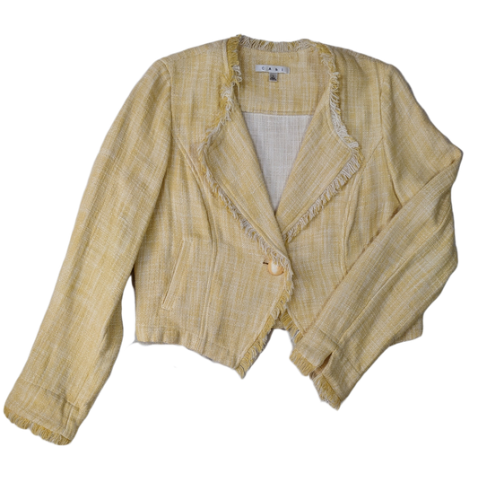 CAbi Yellow Tweed Blazer size L Elevate your wardrobe with our CAbi Yellow Tweed Blazer! Featuring a single button closure and frayed edges, this relaxed style blaze
