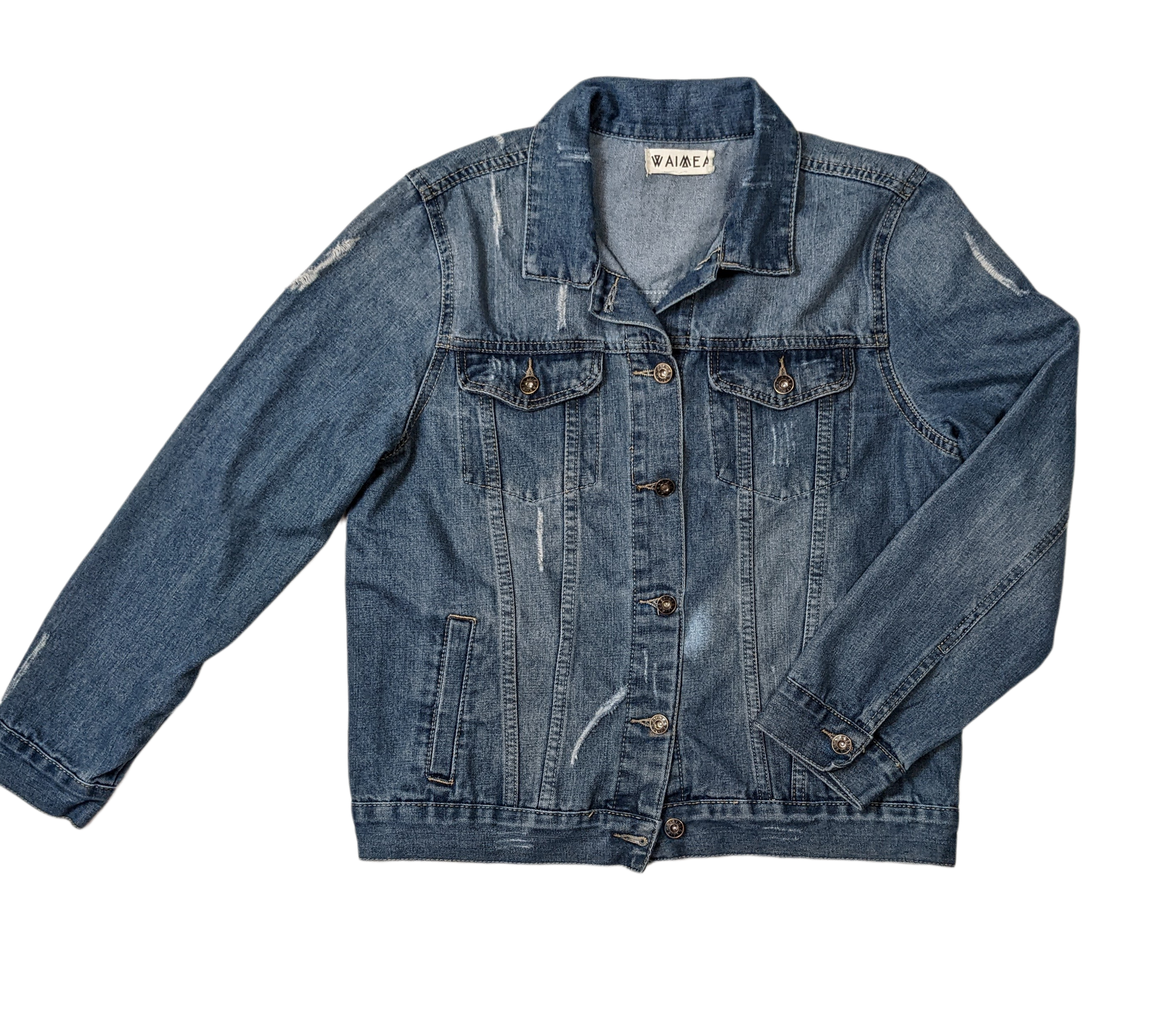Waimea Distressed Denim Jacket This is a great jacket!  It goes with dressy dresses or grungy jeans!  You will grab it every time you leave the house!