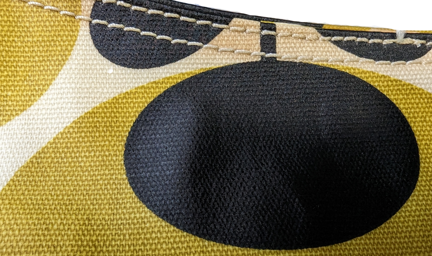 Orla Kiely Rare Mustard Forget-Me-Not Shoulder BagThis bag has such style. It is coated canvas and in excellent condition.  There is some discoloration along the top edge, and on the bottom seam that is detailed in Orla Kiely Rare Mustard Forget-Handbag