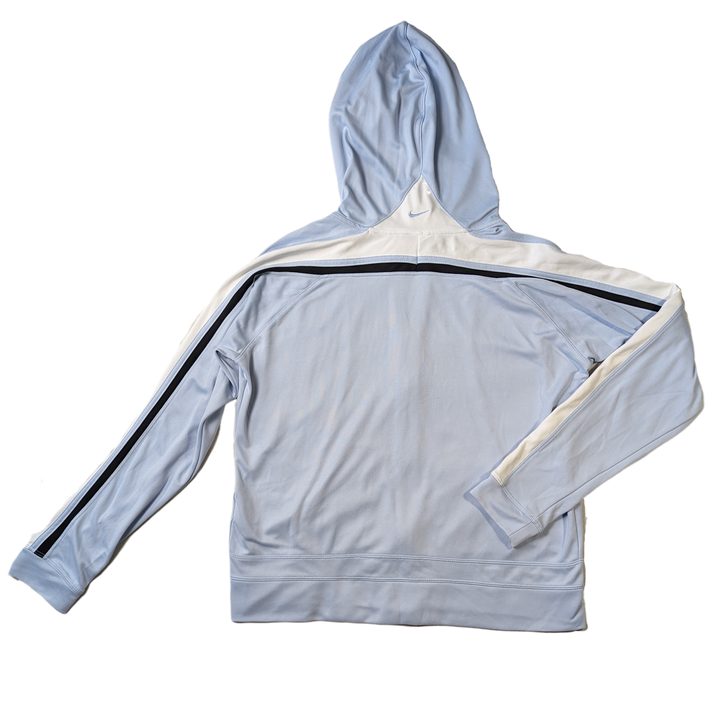 Nike Athletic Jacket With Hood Cool Baby Blue color on this cool jacket!  Great pockets on front, stripes on the sleeves and a logo on the back of the hood!