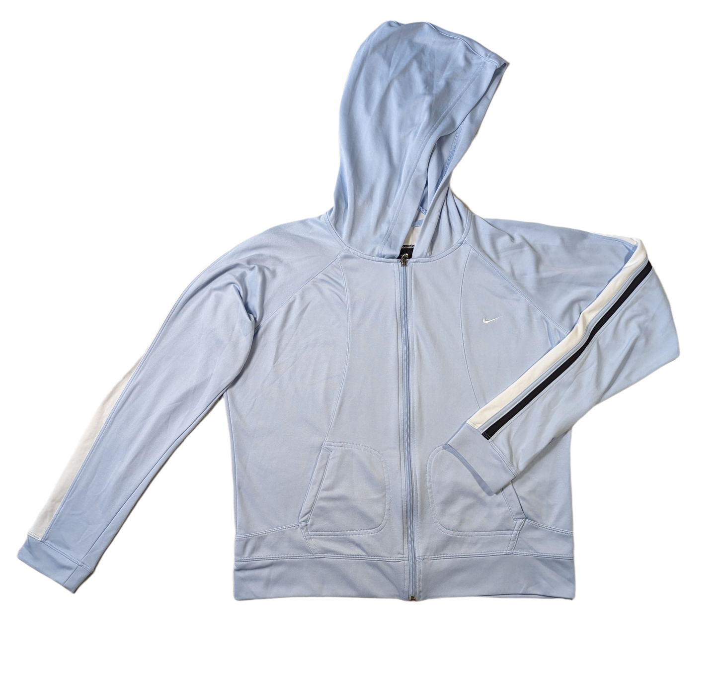 Nike Athletic Jacket With Hood Cool Baby Blue color on this cool jacket!  Great pockets on front, stripes on the sleeves and a logo on the back of the hood!
