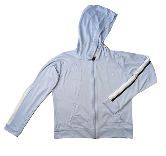Nike Athletic Jacket With Hood Cool Baby Blue color on this cool jacket!  Great pockets on front, stripes on the sleeves and a logo on the back of the hood!