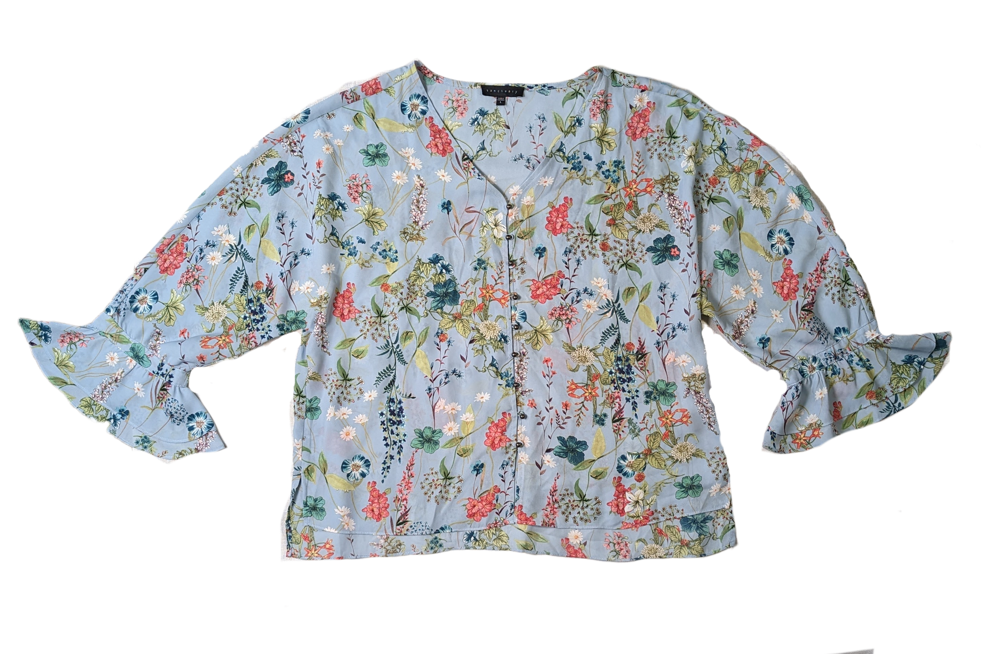 Sanctuary Button-up Floral BlouseThe lovely floral design on this blouse will make it a favorite of yours.  You can wear with jeans and sneakers for a casual look, or dress it up with a skirt and he