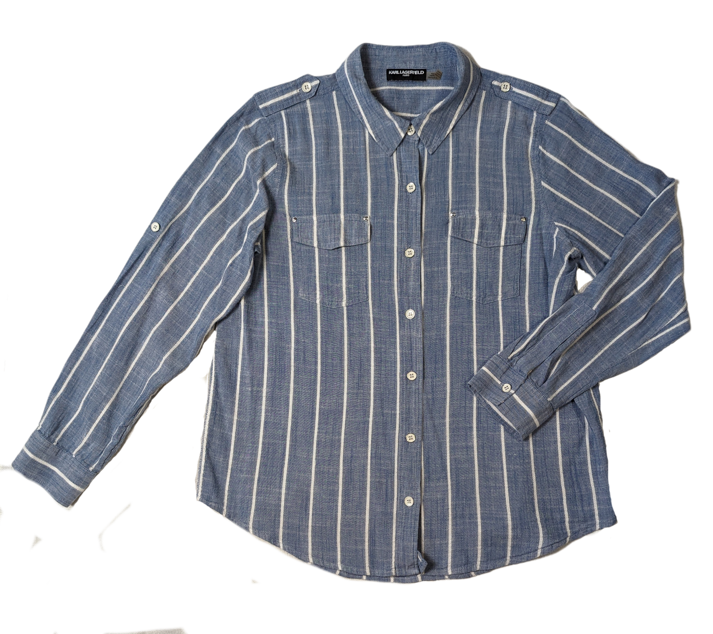 Karl Lagerfeld Paris Striped ShirtA classic style you can wear day or night!  Looks amazing with white pants or with jeans!
Measurement:  armpit to armpit - 20"