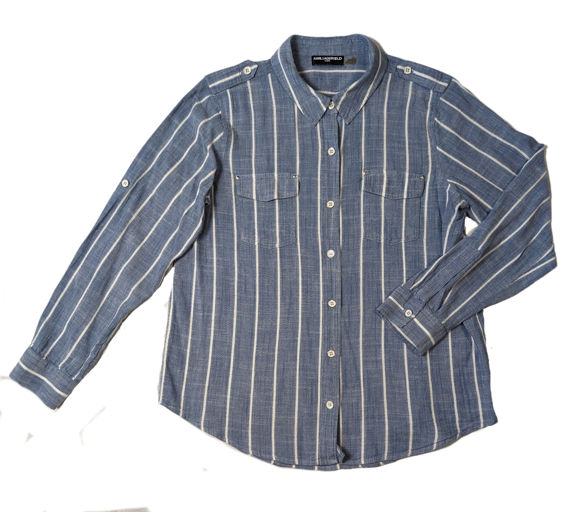 Karl Lagerfeld Paris Striped ShirtA classic style you can wear day or night!  Looks amazing with white pants or with jeans!
Measurement:  armpit to armpit - 20"