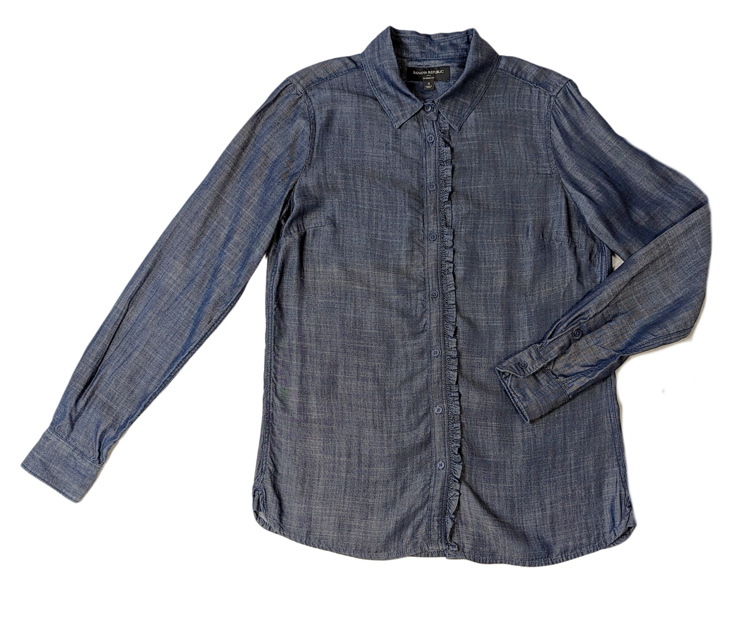 Banana Republic Ruffle front Chambray Blouse Size Small Banana Republic Ruffle front Chambray Blouse Such a classic style done in a modern fabric! It's a great look