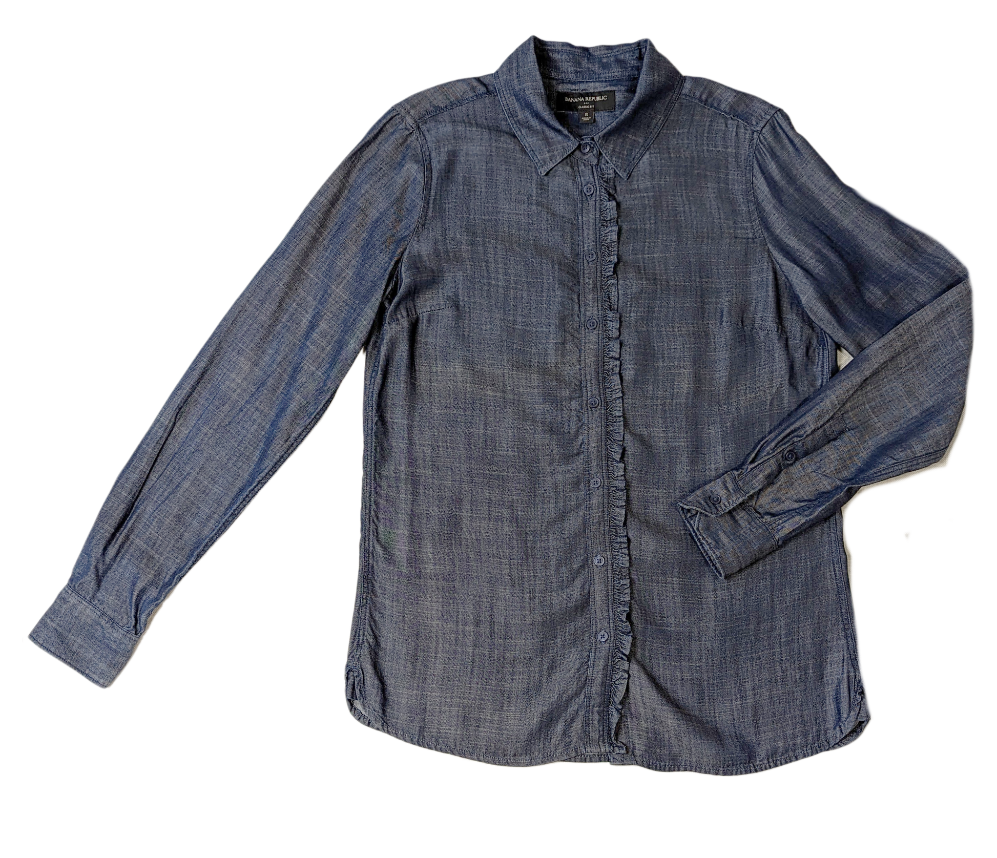 Banana Republic Ruffle front Chambray Blouse Size Small Banana Republic Ruffle front Chambray Blouse Such a classic style done in a modern fabric! It's a great look