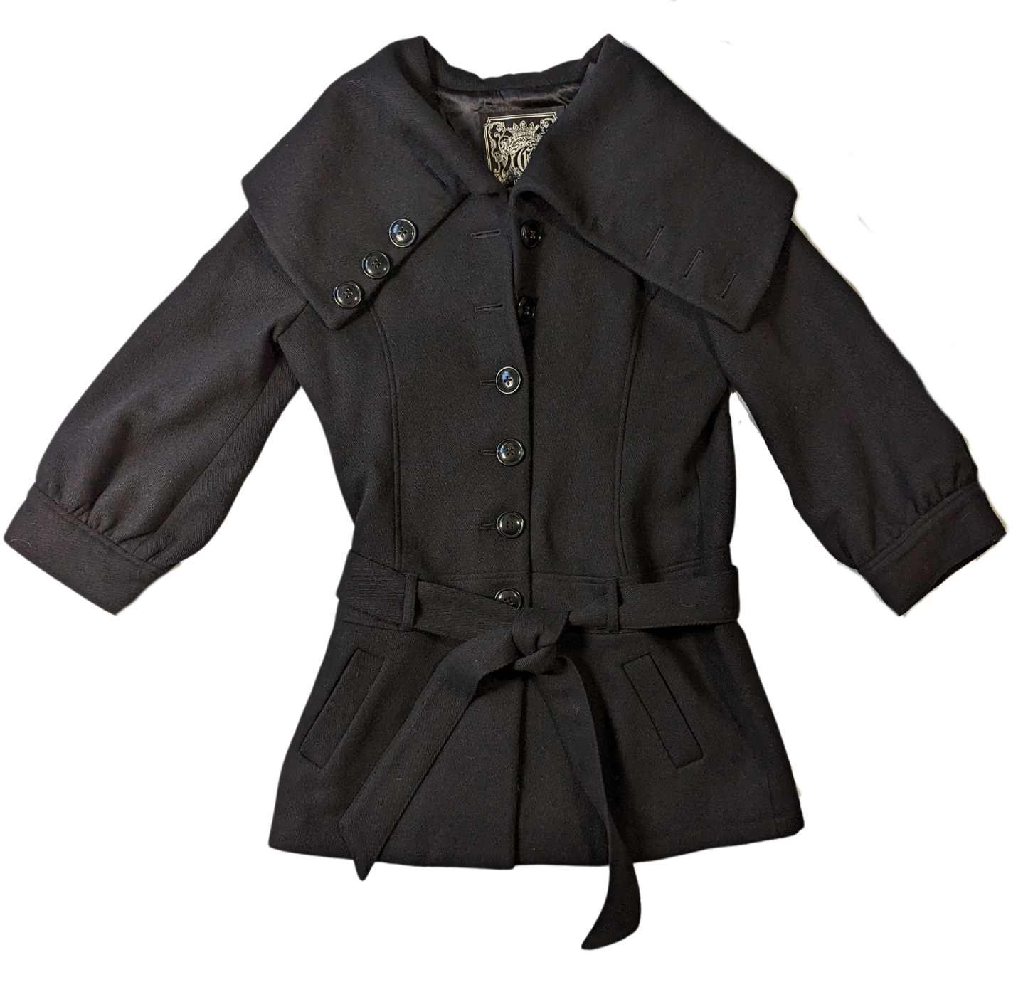 Guess Puffy Sleeve Shawl Collar Black Wool Jacket Size Large  Stay chic and cozy with the Guess Puffy Sleeve Shawl Collar Black Wool Jacket. Featuring a stylish shaw