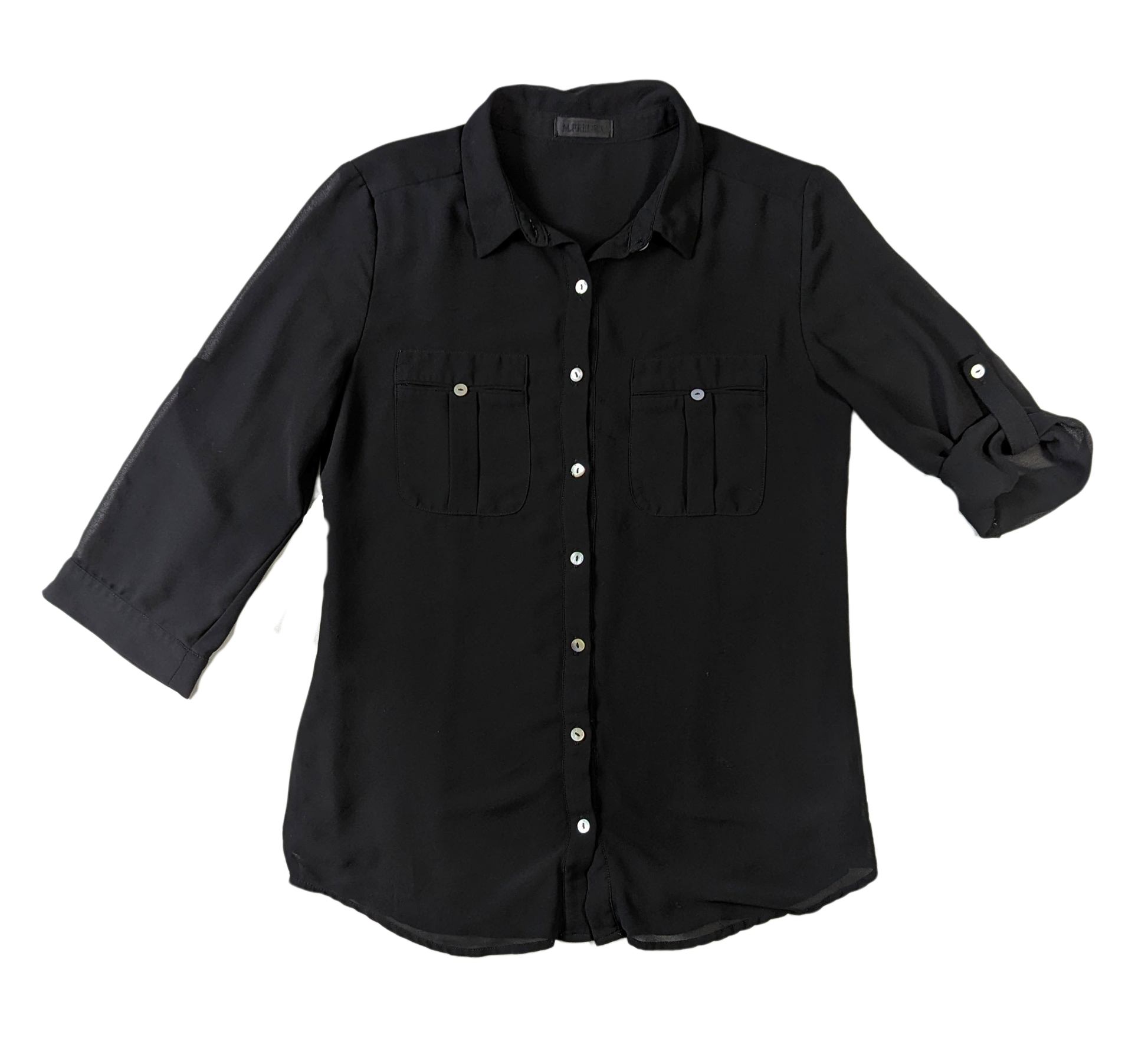 M. FredricThis M. Fredric sheer black blouse is the perfect choice for elegant style. Crafted from a lightweight fabric, the 3/4 length sleeves can be turned up with a button BlouseM. Fredric Sheer Black BlouseFredric Sheer Black Blouse