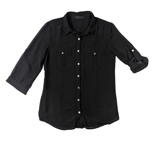 M. FredricThis M. Fredric sheer black blouse is the perfect choice for elegant style. Crafted from a lightweight fabric, the 3/4 length sleeves can be turned up with a button BlouseM. Fredric Sheer Black BlouseFredric Sheer Black Blouse