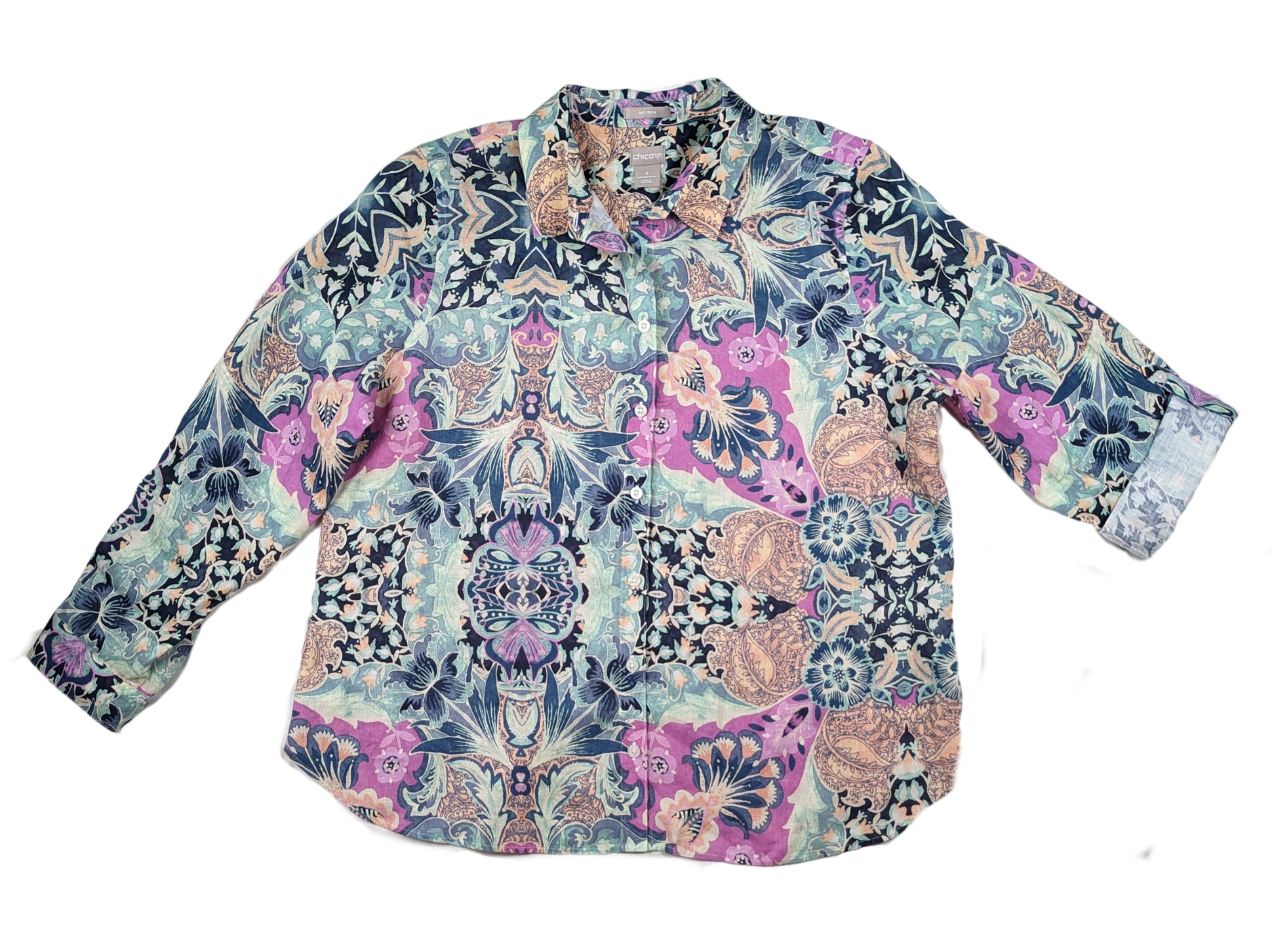 Chico's Floral Print Linen Blouse - NWT The beautiful print of this blouse makes it a perfect addition to your spring/summer wardrobe.  It will look perfect paired with white pants and sandals, or with a pBlouseChico's Floral Print Linen Blouse - NWTFloral Print Linen Blouse - NWT