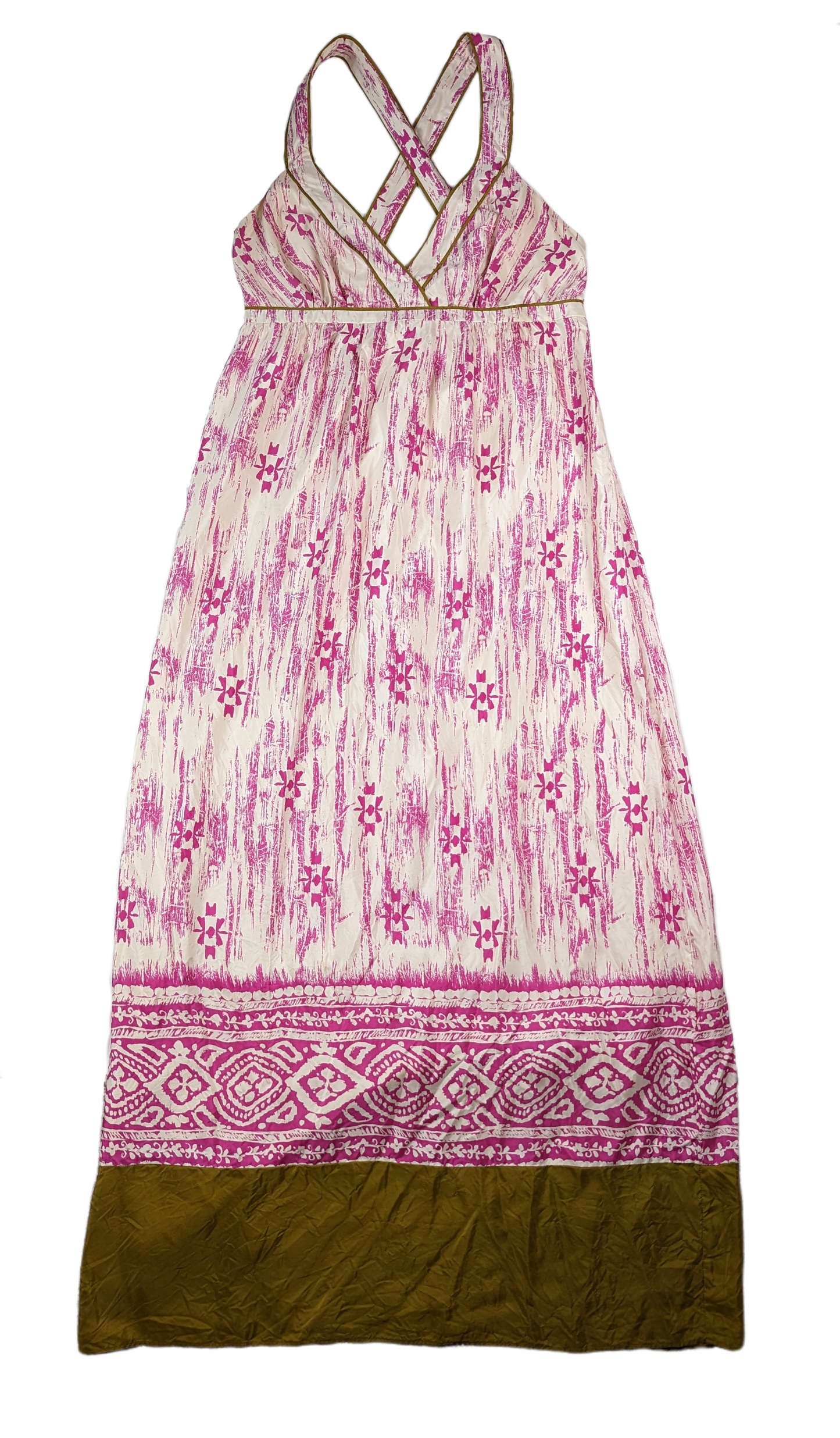 Ann Taylor Loft Silk Maxi Sundress with criss-cross straps and vibrant is a picture perfect piece! Soft ivory silk is adorned with a vivid magenta print, while the strapped criss cross back and olive green tDressesLoft Silk Maxi SundressLoft Silk Maxi Sundress