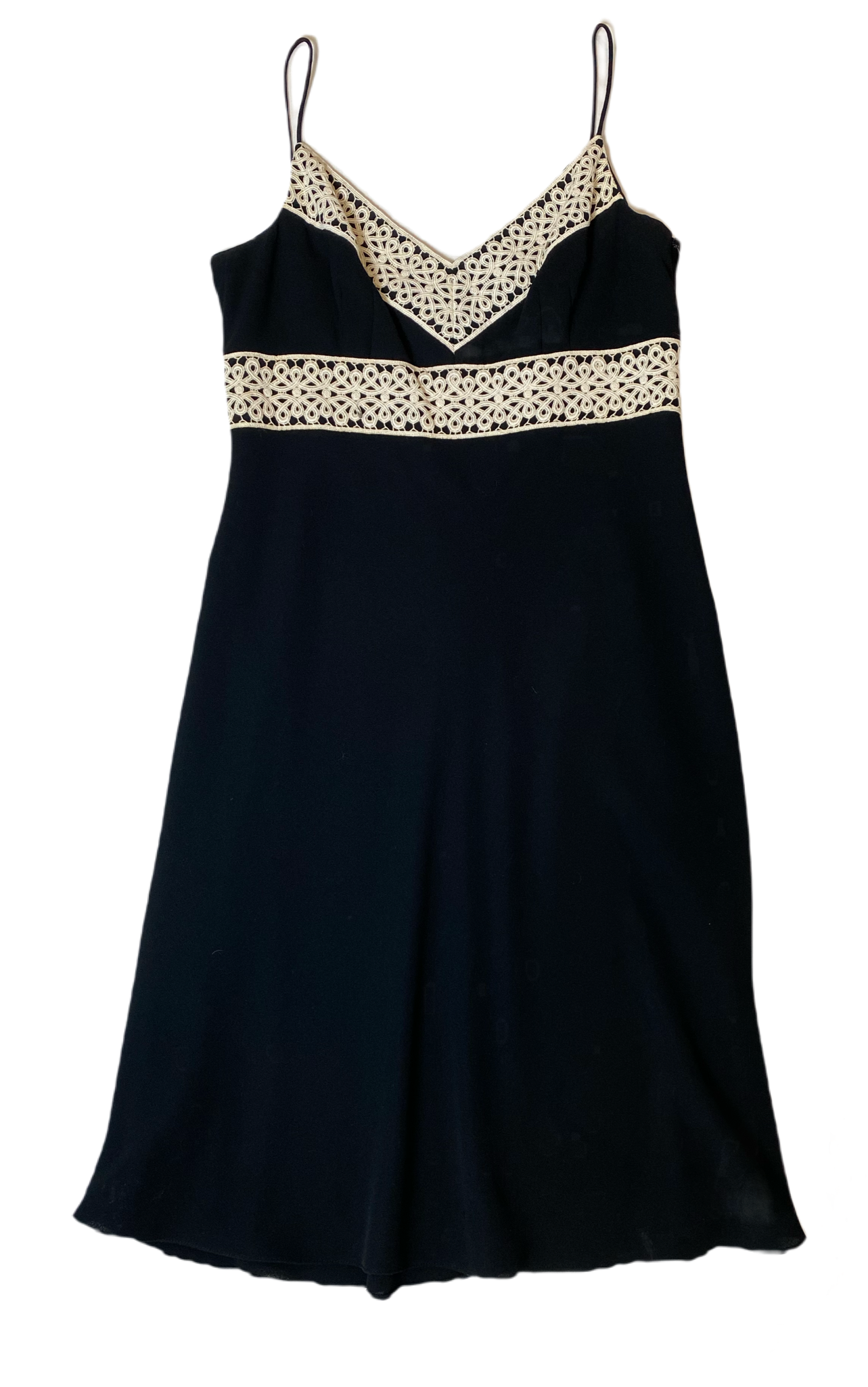 Ann Taylor Spaghetti Strap Dress with Crochet DetailBlack spaghetti strap dress with cream crochet detail at waist and V-neck line.