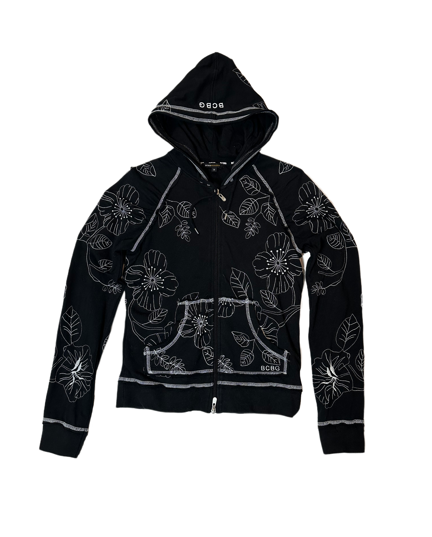 BCBGeneration Black Zip-Up Hoodie with White StitchingSlip into something cozy and chic! The BCBGeneration Black Zip-Up Hoodie with White Stitching is the perfect addition to your wardrobe, combining go-to style with a BCBGeneration Black Zip-Hoodie