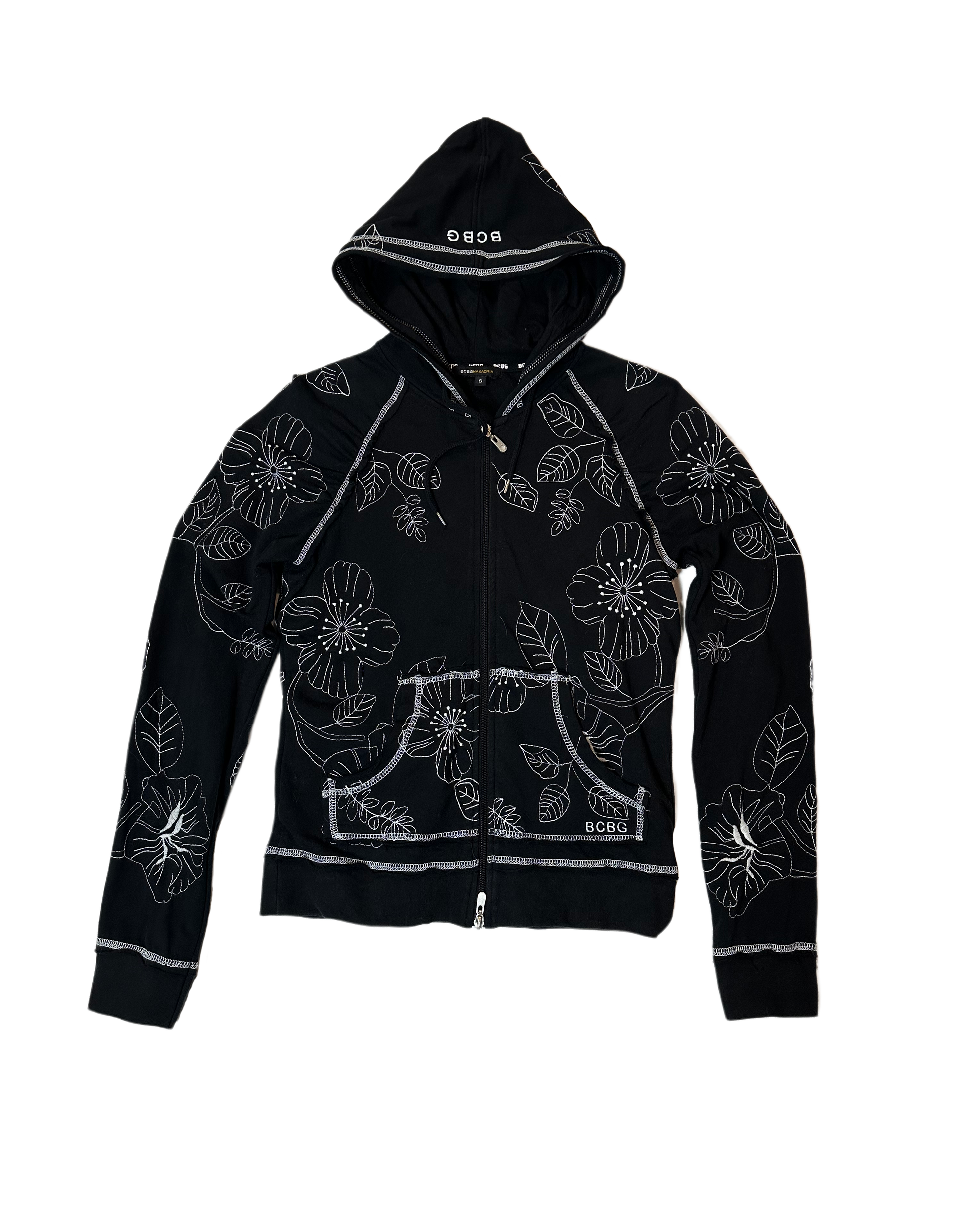 BCBGeneration Black Zip-Up Hoodie with White StitchingSlip into something cozy and chic! The BCBGeneration Black Zip-Up Hoodie with White Stitching is the perfect addition to your wardrobe, combining go-to style with a BCBGeneration Black Zip-Hoodie