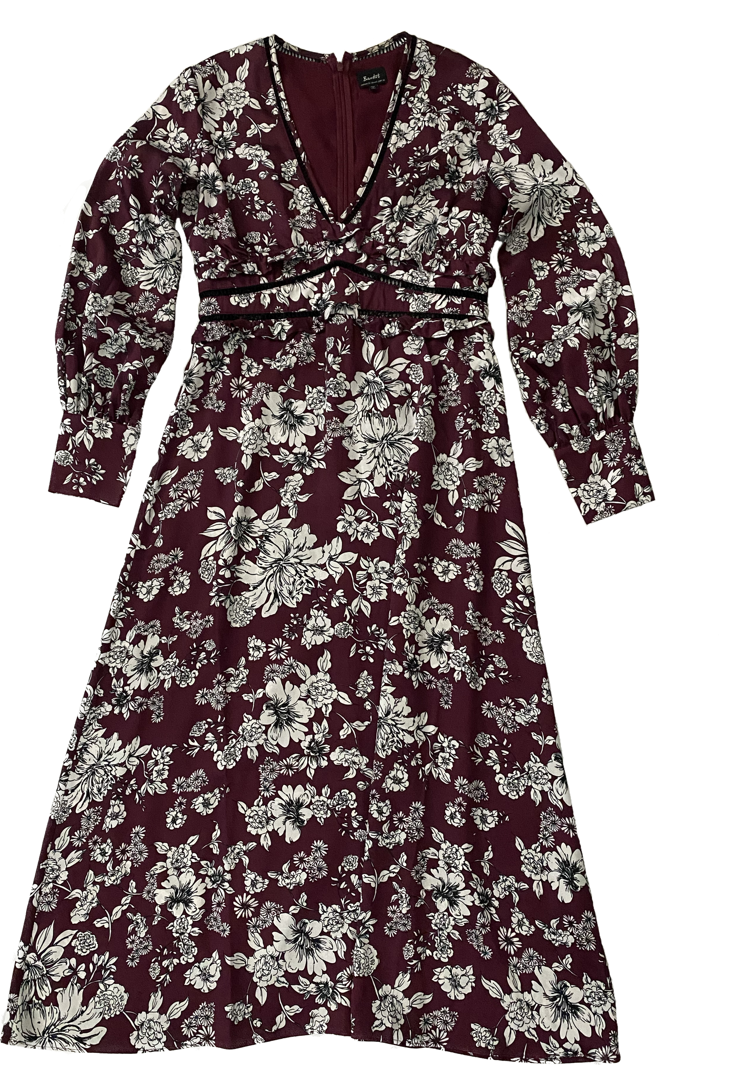 Bardot Burgundy and White Floral Dress This charming dress is so easy to wear! Such pretty details.
