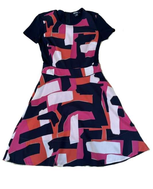 DKNY Fit & Flare Silk Print Dress short sleeve with print skirt and bo