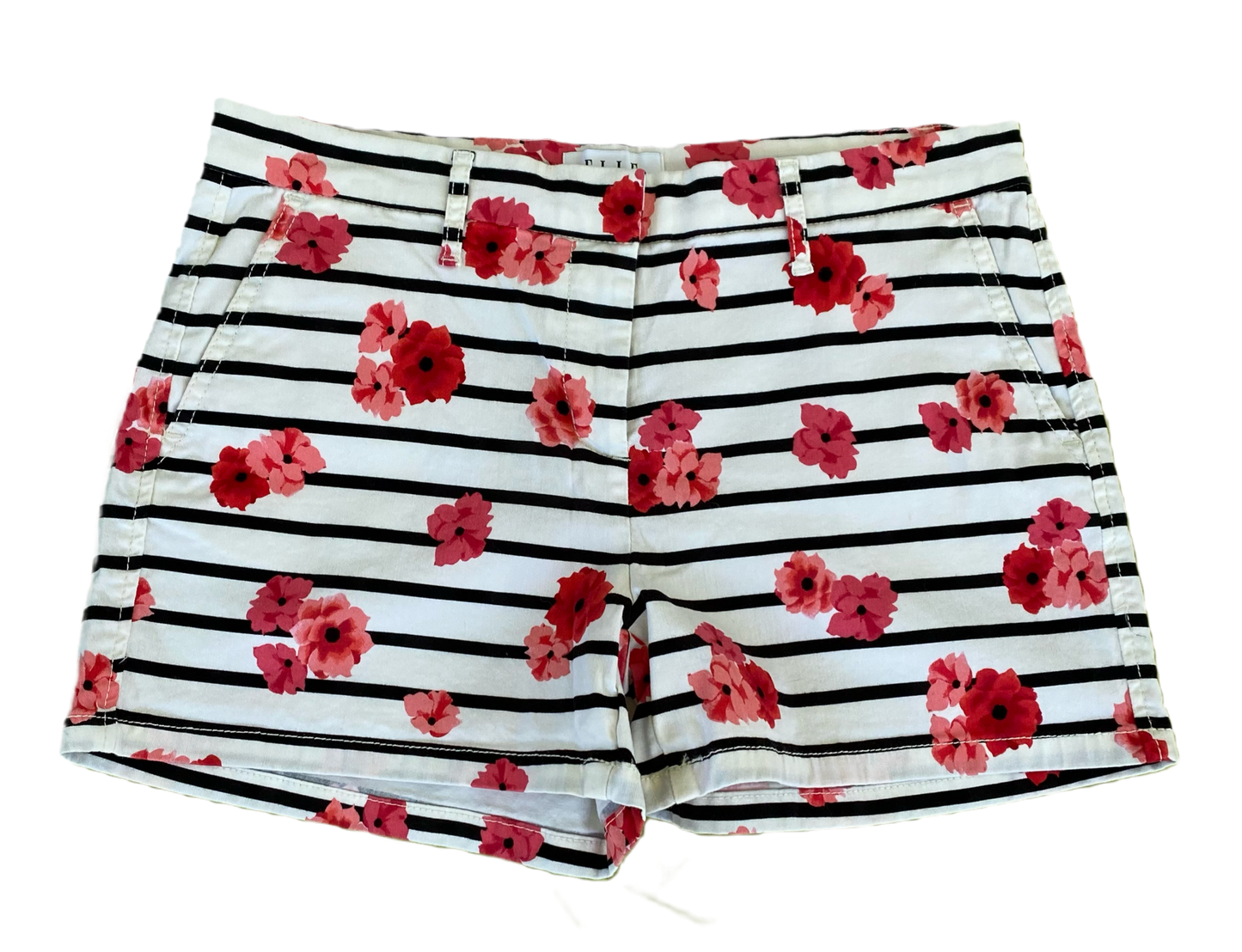 ELLE White Printed Shorts with black stripes, pink flowers and side po
