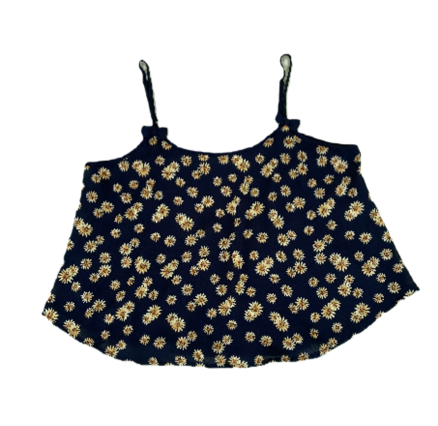 E M Spaghetti Strap top black with yellow sunflowers and tiny bows at