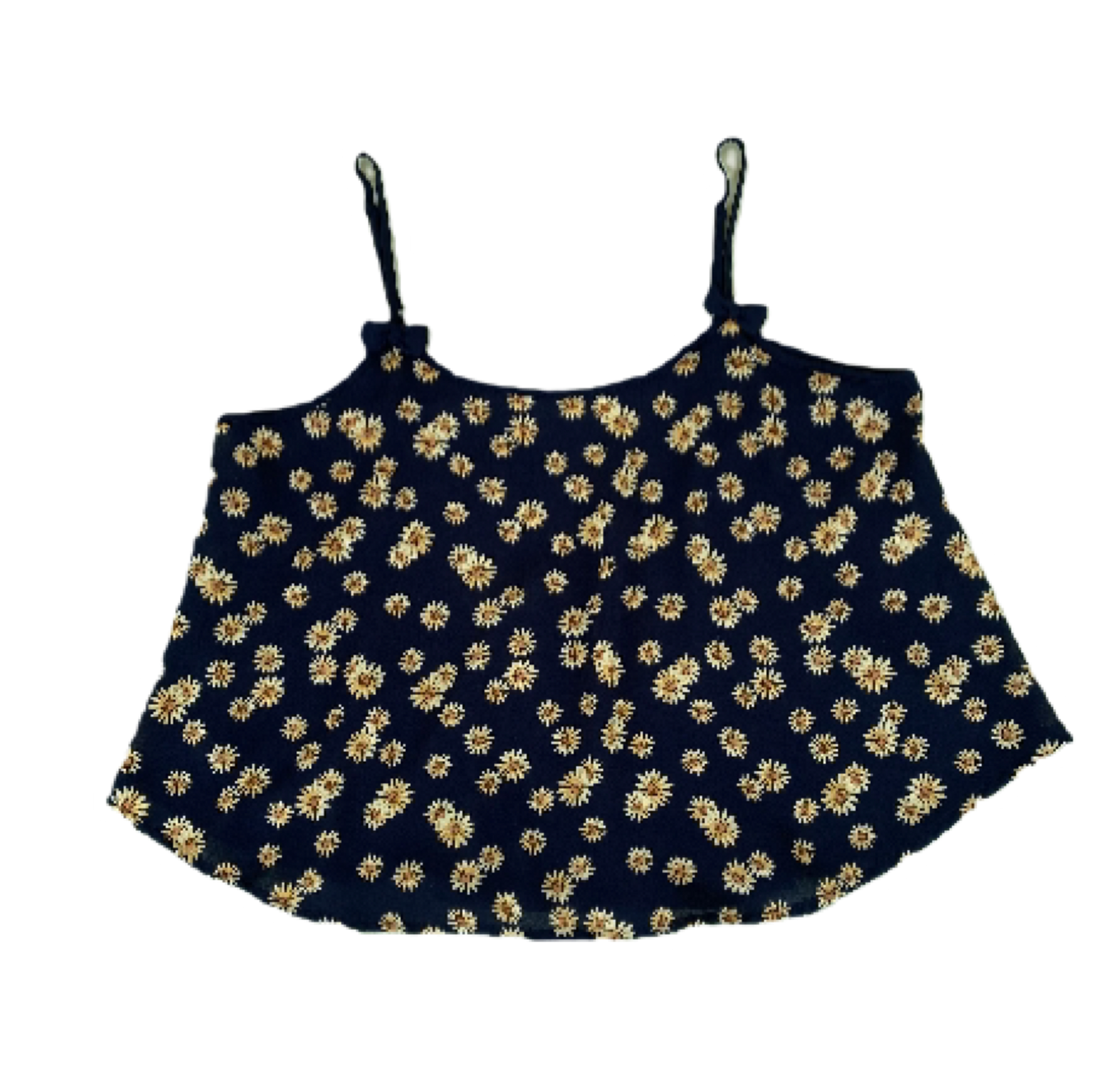 E M Spaghetti Strap top black with yellow sunflowers and tiny bows at