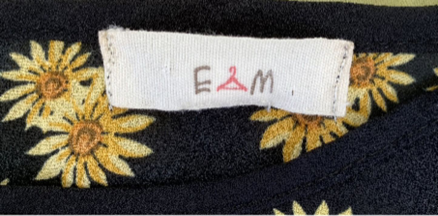 E M Spaghetti Strap top black with yellow sunflowers and tiny bows at
