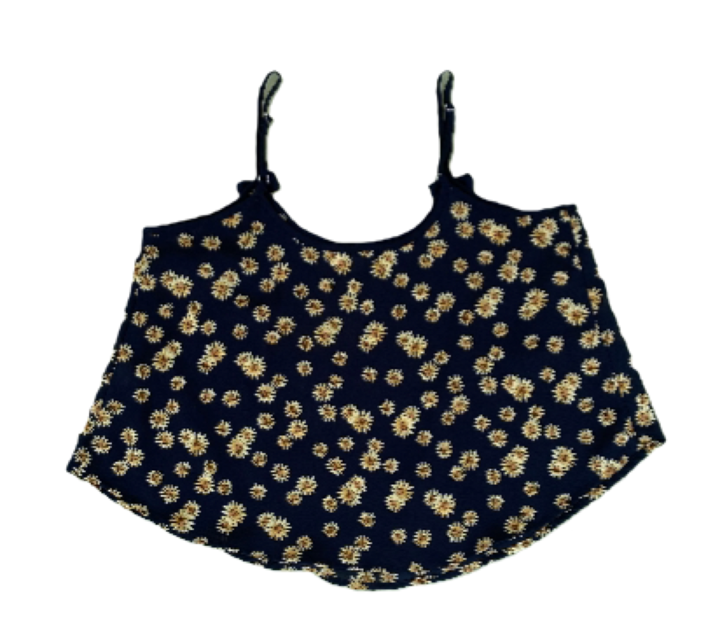 E M Spaghetti Strap top black with yellow sunflowers and tiny bows at
