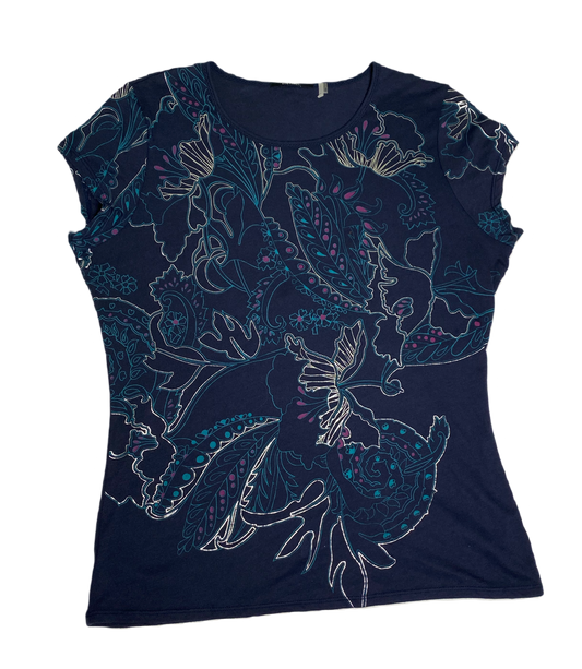 Elie Tahari Blue T-shirt with Graphic with cap sleeve a captivating em