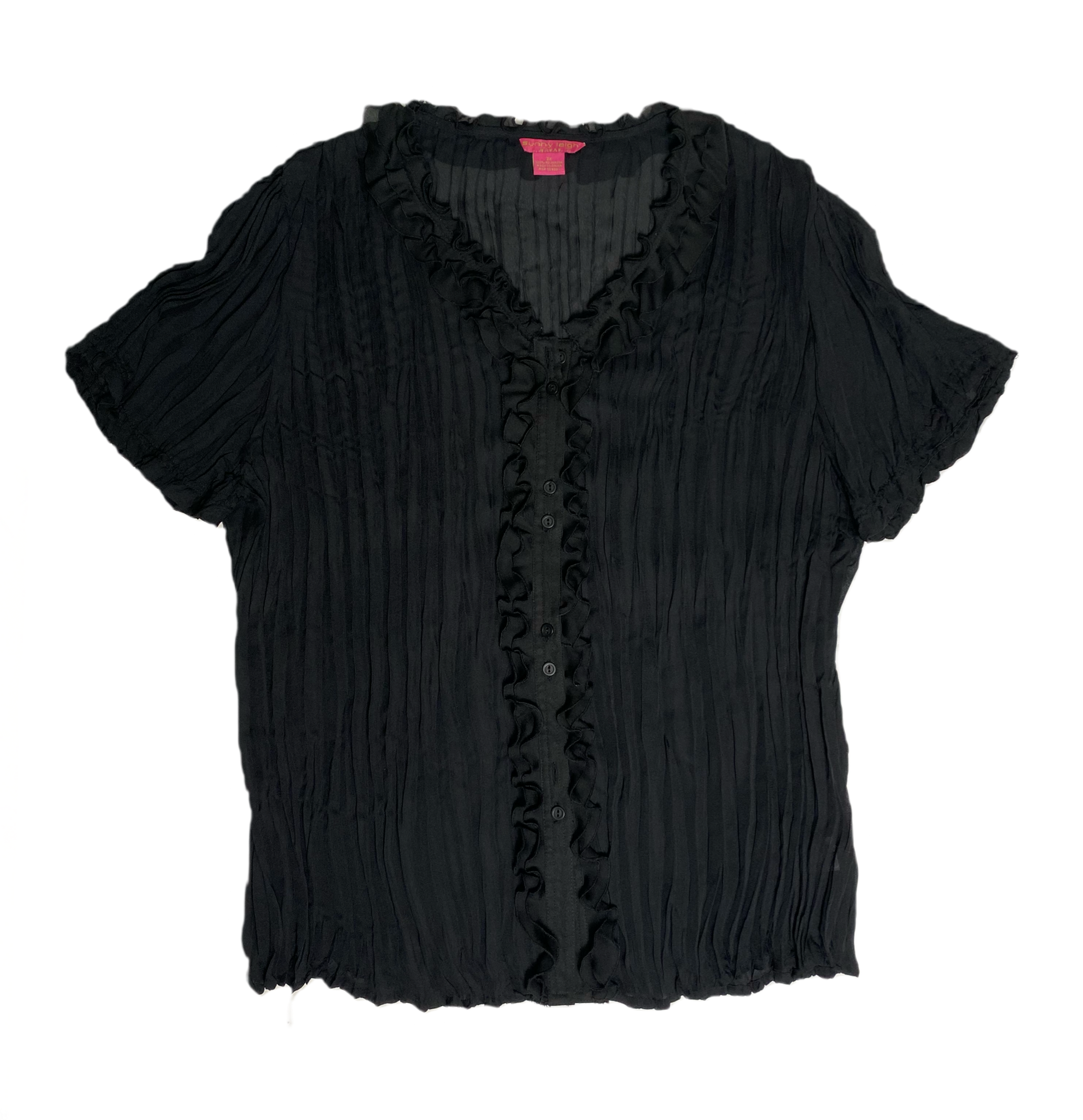 Sunny Leigh Women black sheer blouse button front short sleeve blouse