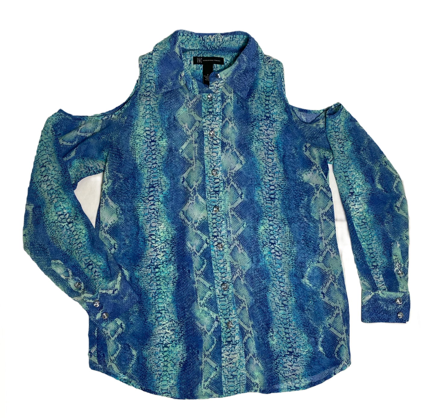 cold shoulder printed blouse rhinestone button front blouse. a captiv