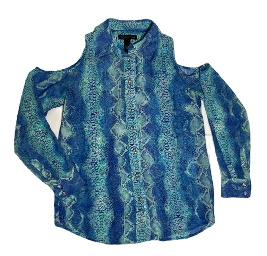 cold shoulder printed blouse rhinestone button front blouse. a captiv