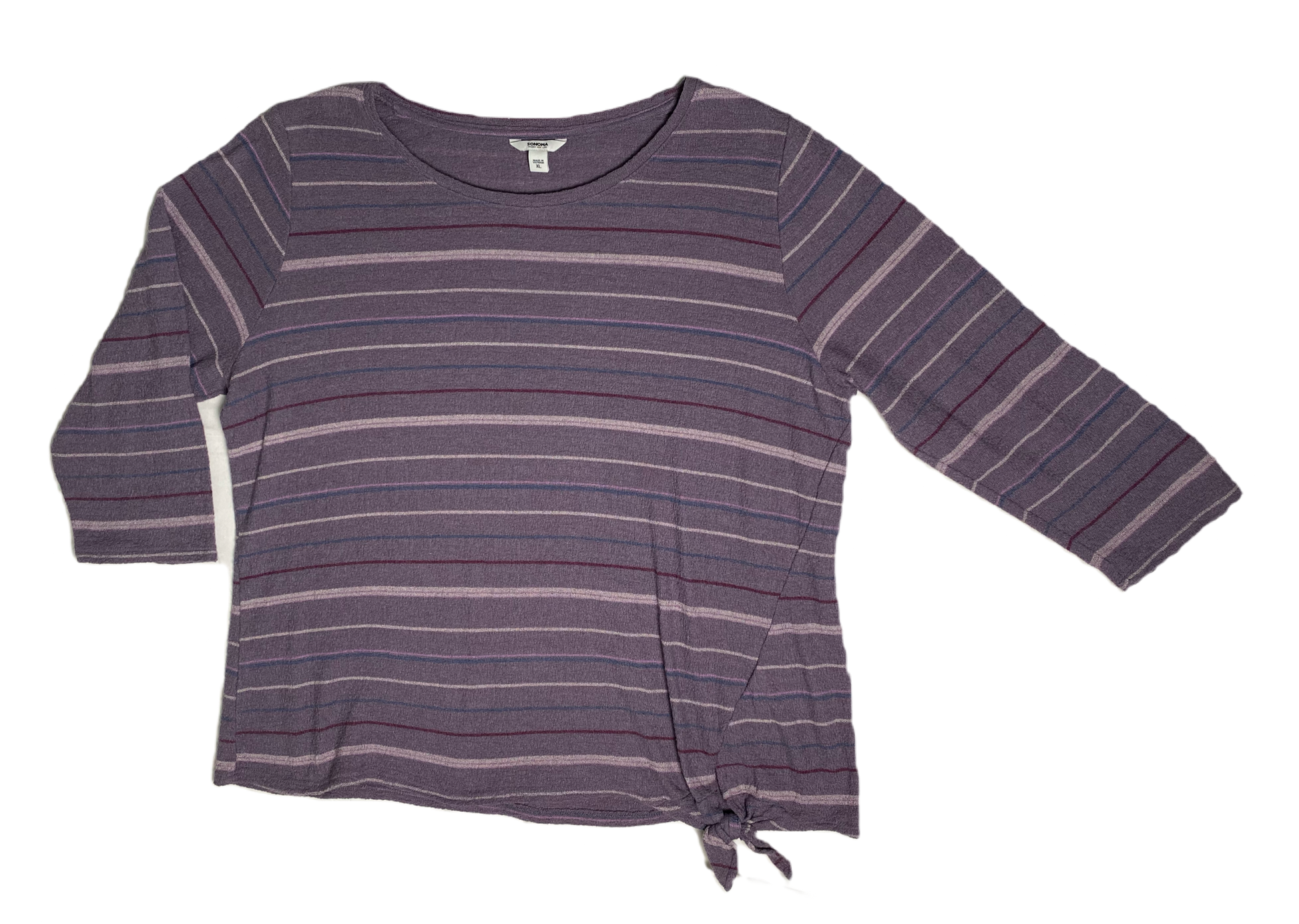 Sonoma Three Quarter Sleeve Striped Tie Front Top Spice up your wardrobe with the Sonoma Tie Front Top! This playful and stylish top features plum stripes and a tie