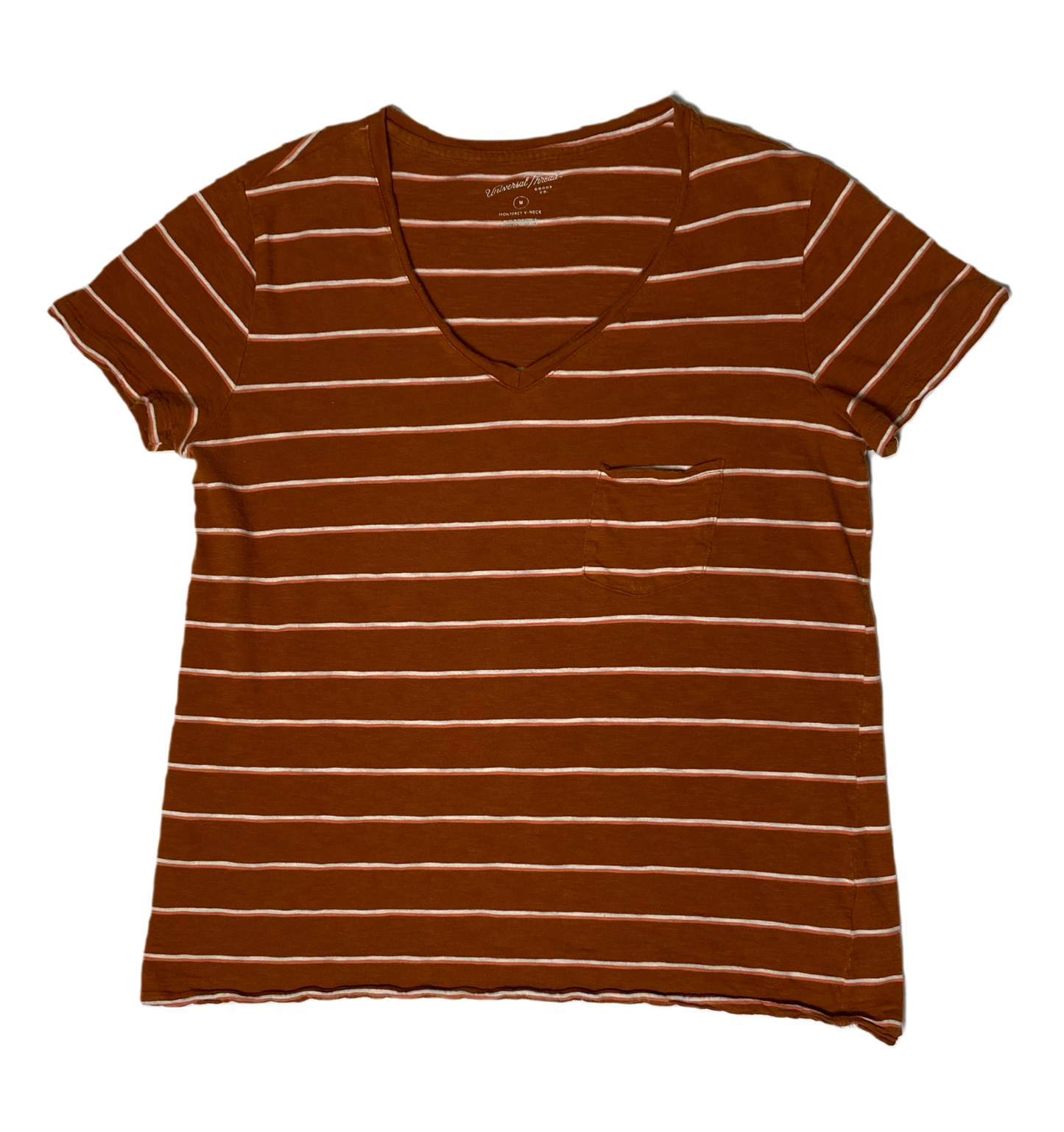 Universal Threads V-Neck Rust Striped T-shirt Universal Threads rust with cream stripes short sleeve v-neck one pocket t-shirt.